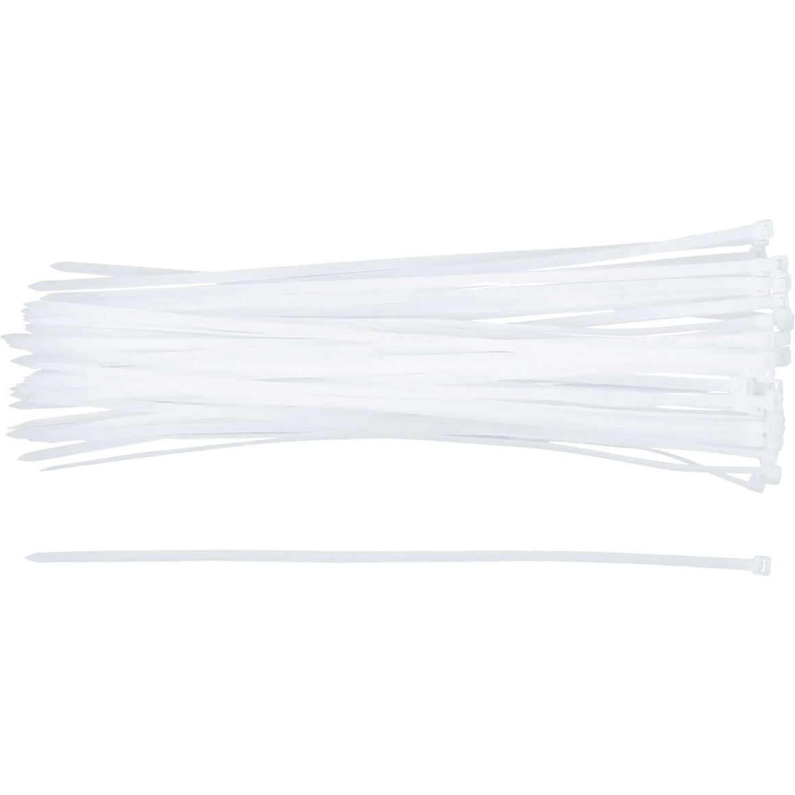 Bild eines 50-teiligen Sets von weißen Kabelbindern der Größe 4,8 x 300 mm, von oben fotografiert