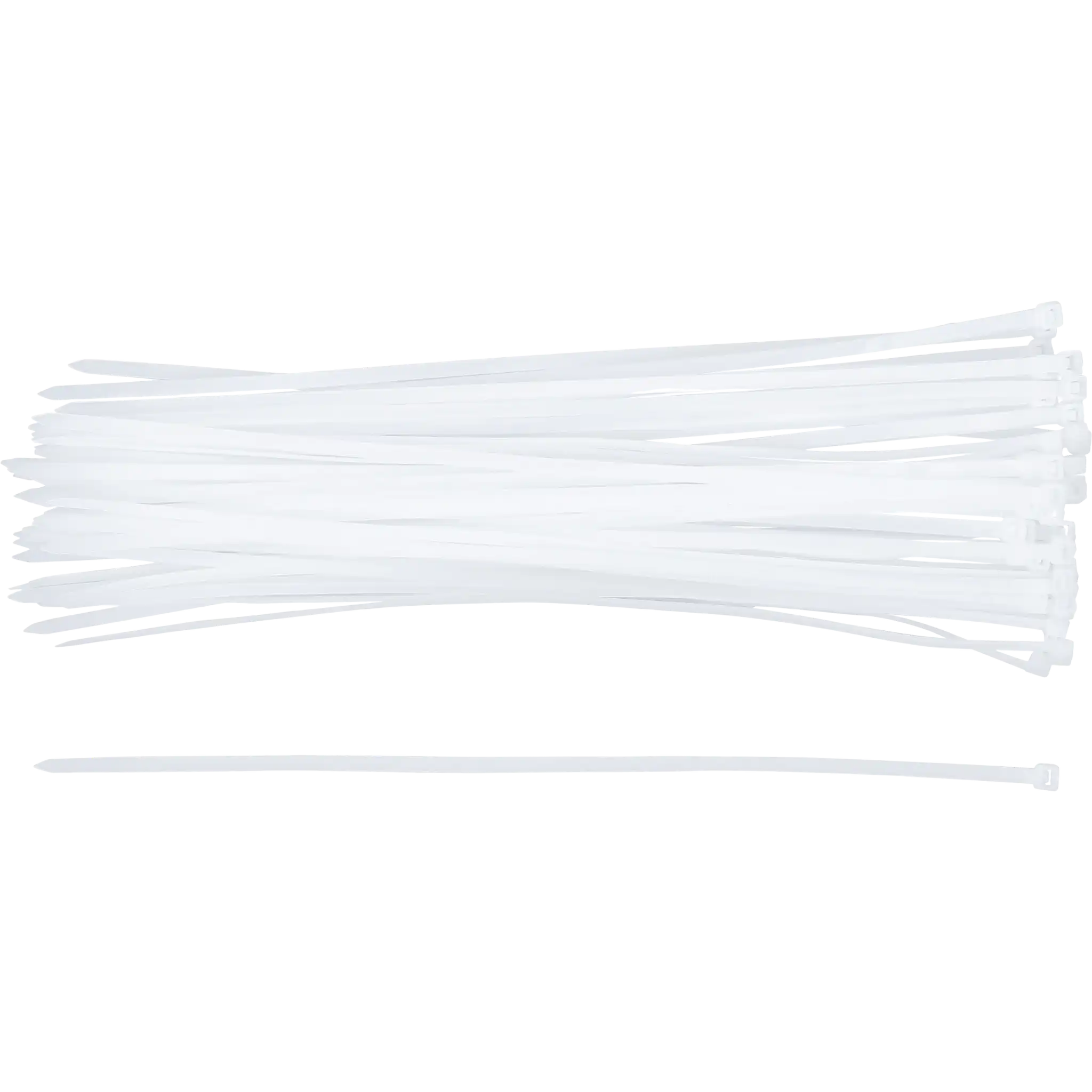 Bild eines 50-teiligen Sets von weißen Kabelbindern der Größe 4,8 x 300 mm, von oben fotografiert