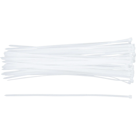 Bild eines 50-teiligen Sets von weißen Kabelbindern der Größe 4,8 x 300 mm, von oben fotografiert