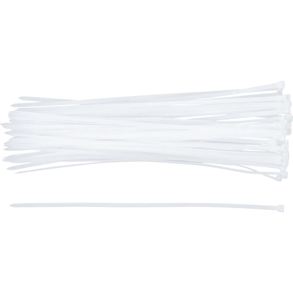 Bild eines 50-teiligen Sets von weißen Kabelbindern der Größe 4,8 x 300 mm, von oben fotografiert