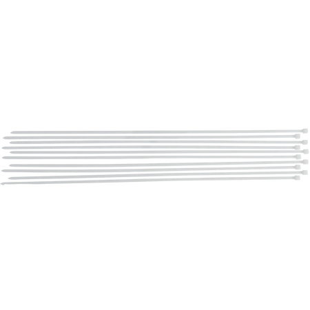 Bild eines 10-teiligen Sets von weißen Kabelbindern der Größe 8,0 x 800 mm, von oben fotografiert