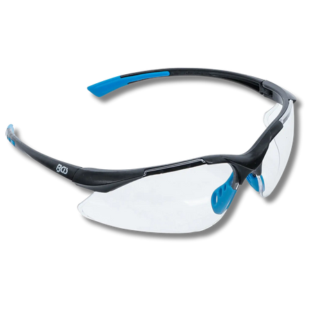Bild einer Schutzbrille mit blau-schwarzen Bügeln von schräg vorne fotografiert