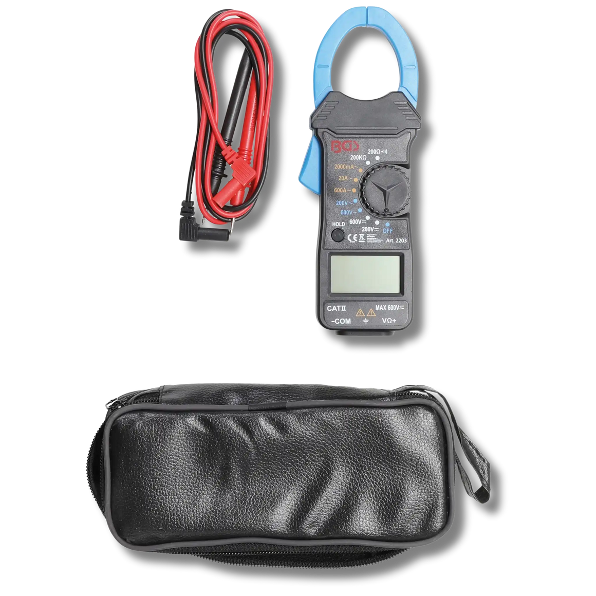 Bild eines Digitalzangen-Multimeter mit Tasche, fotografiert von oben