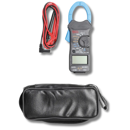 Bild eines Digitalzangen-Multimeter mit Tasche, fotografiert von oben