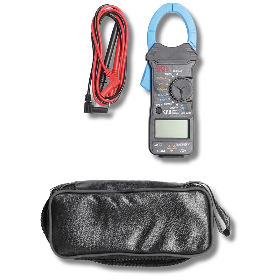 Bild eines Digitalzangen-Multimeter mit Tasche, fotografiert von oben