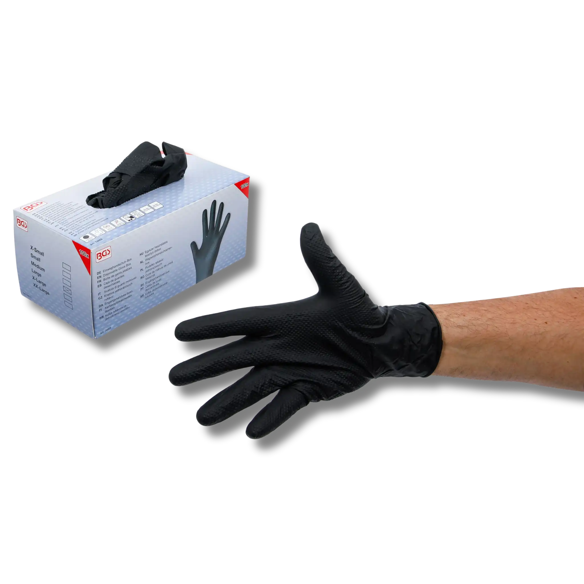 Bild einer Einweghandschuhbox mit Handschuhen der Größe L und eine Hand, die einen der Handschuhe trägt