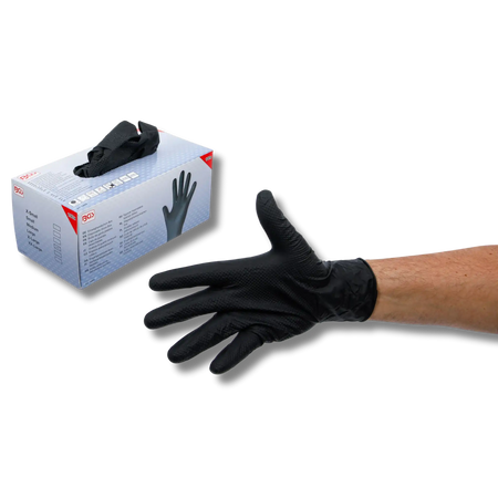 Bild einer Einweghandschuhbox mit Handschuhen der Größe L und eine Hand, die einen der Handschuhe trägt