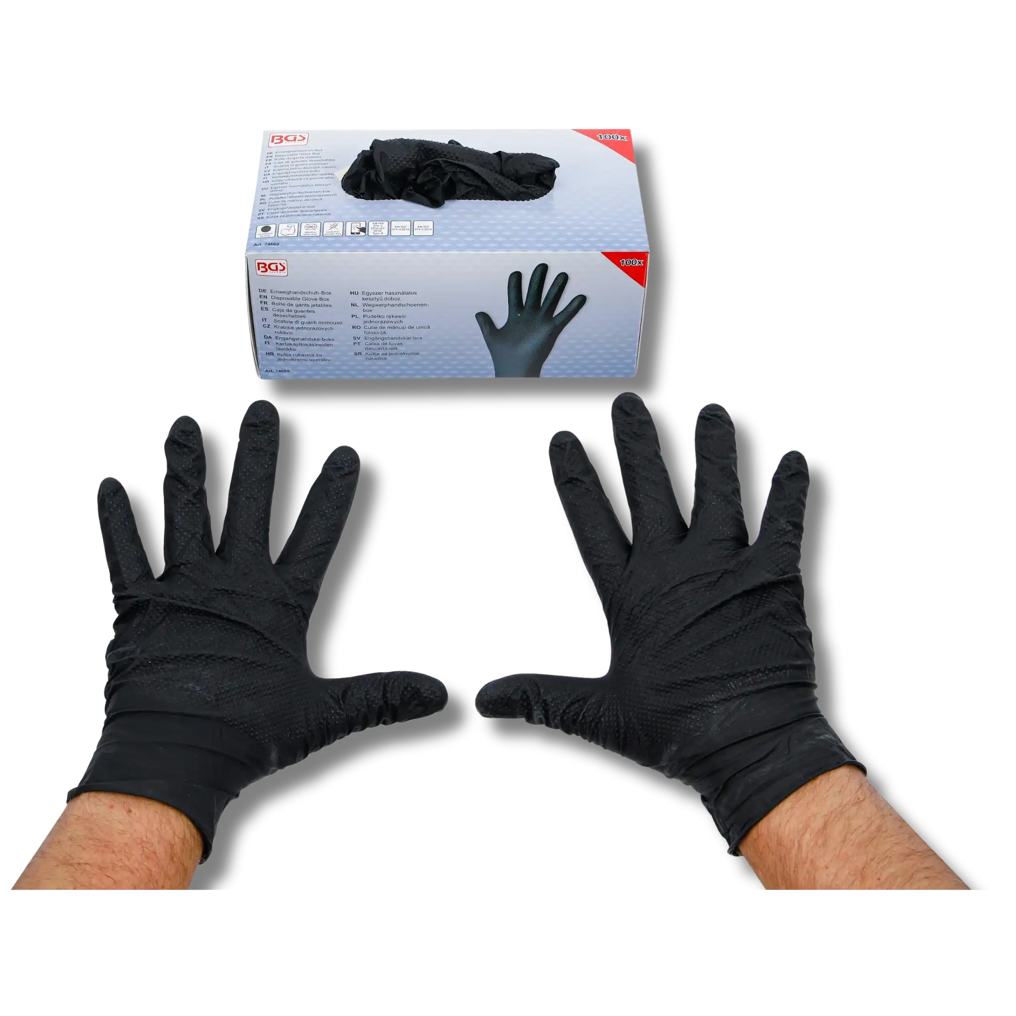 Bild einer Einweghandschuhbox mit Handschuhen und zwei Hand, die die Handschuhe tragen