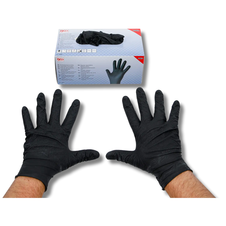 Bild einer Einweghandschuhbox mit Handschuhen und zwei Hand, die die Handschuhe tragen